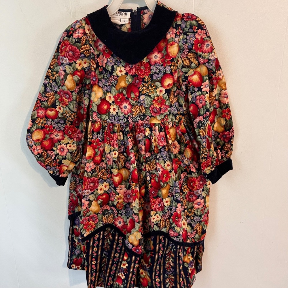 Nanook Vintage Girls Harvest Fruit Floral Dress Velvet Collar Size 5 Made in USA